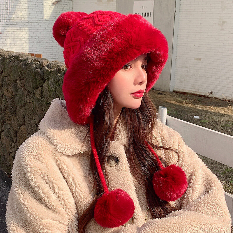 Thicken hat new style ladies fur ball plus velvet warm hood outdoor autumn and winter cold-proof fashion cute woolen wholesale