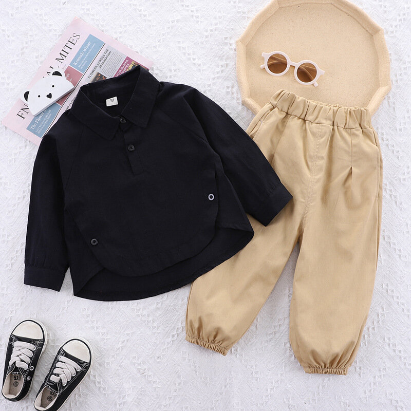 Baby Boy Christmas Outfit Spring Autumn Black Turn-down Collar Pullover Long Sleeve Shirts and Pants 2PCS Boys Infant Clothes