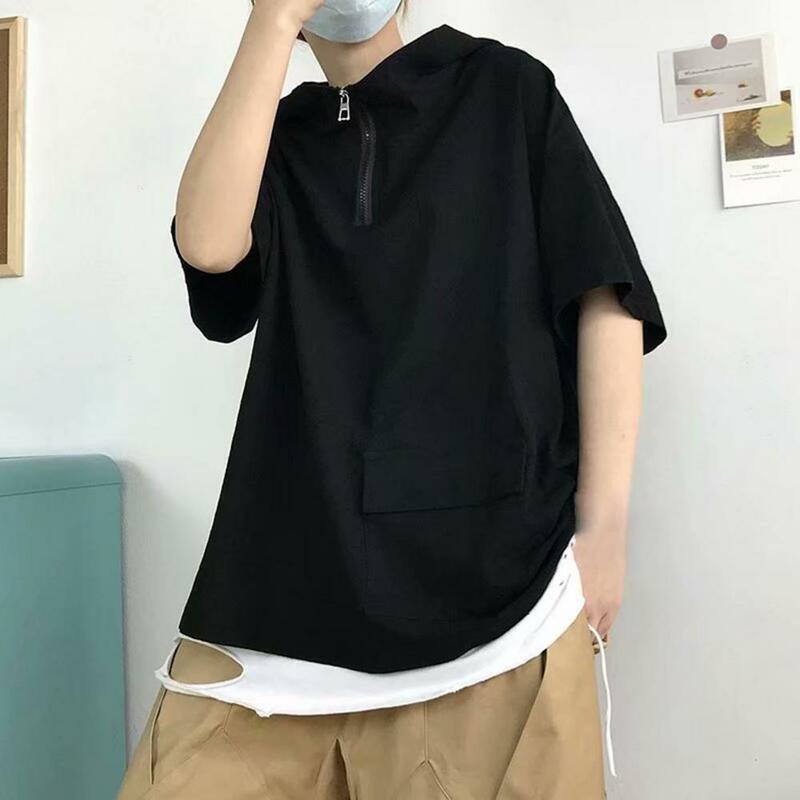 Männer Kurzarm Hoodie Sweatshirt solide lose Reiß verschluss Mode Reiß verschluss Tasche Hip Hop Harajuku Kapuze Sommer Sweatshirts Pullover