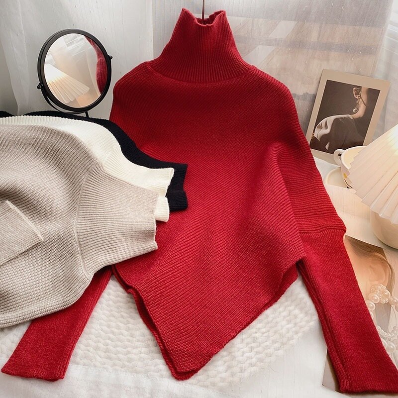 여성용 터틀넥 니트 스웨터, 한국 패션, 단색 불규칙 스웨터, 여성 캐주얼 긴 소매 풀오버, 가을 겨울