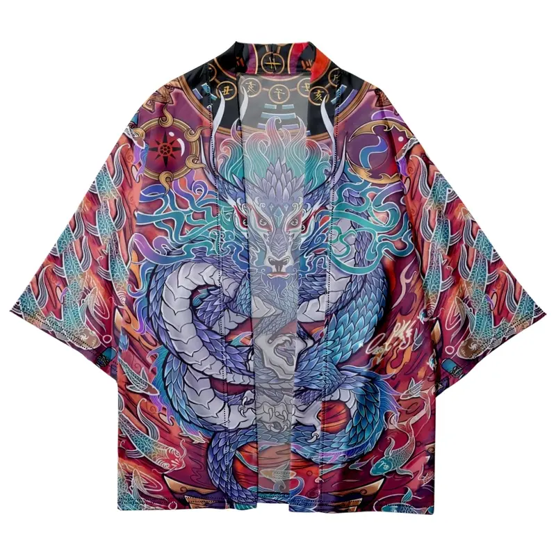 Kimono japonês estampado de dragão para homens e mulheres, cardigã solto, cosplay yukata, samurai haori tradicional, estilo chinês, tamanho grande, harajuku