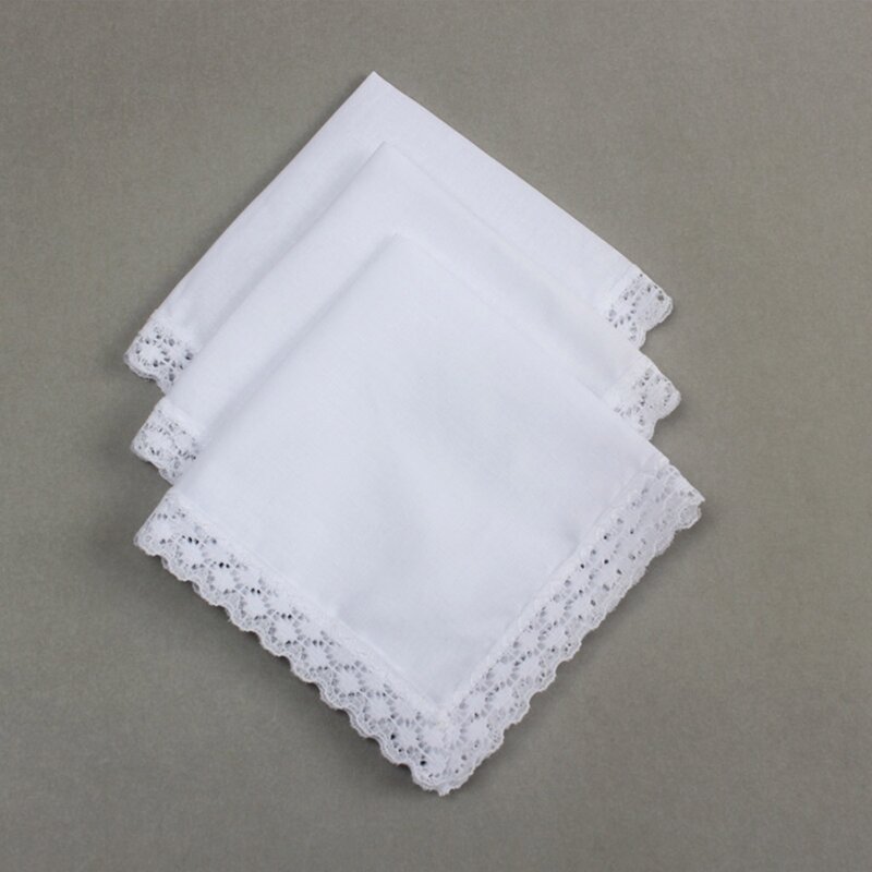 A2ES White Hankie Women Handkerchiefs Cotton Lace Trim Super Soft Washable Hanky Chest Towel Pocket Lace Trim Handkerchiefs
