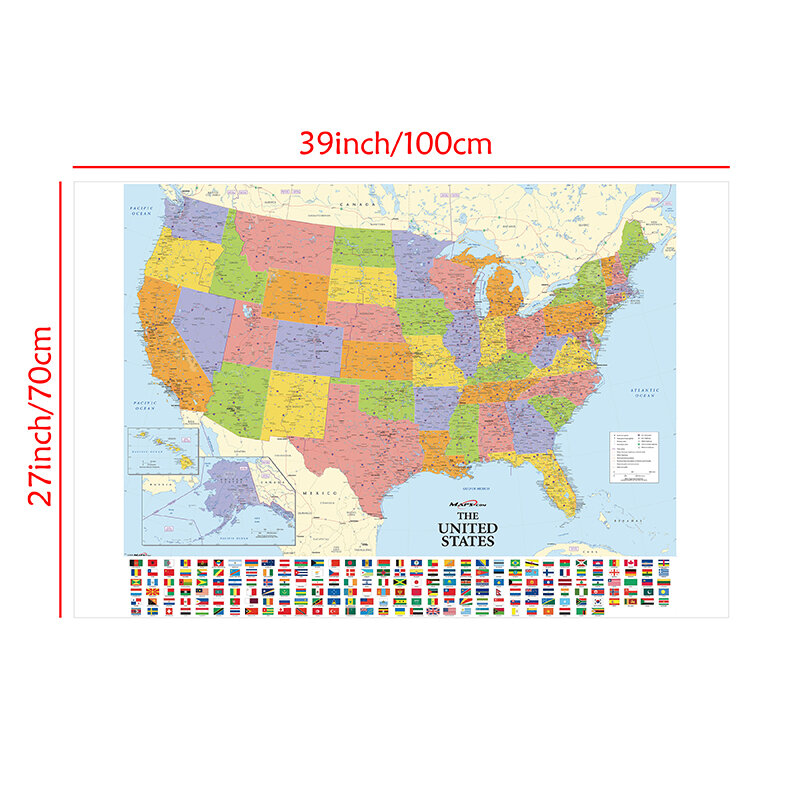 Mapa de América Retro con bandera de país, tela no tejida, póster sin marco e impresión, decoración de oficina, suministros de enseñanza escolar, 100x70cm