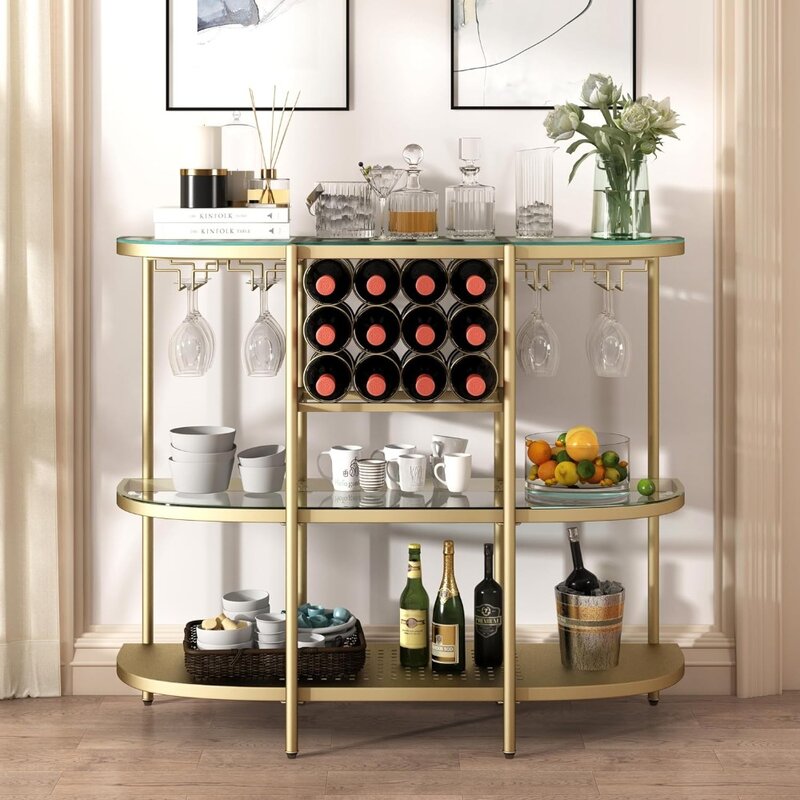 O & K MOBILIÁRIO Wine Rack Table with Glass Holders, 3-Tier Liquor Bar Table, Casa, Café, Sala de estar, Cozinha