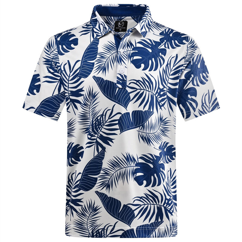 Men's Hawaiian Plants Polo Shirt, 3D Print, Folhas, Flor, Manga Curta, Camisas Polo Golf, Tops de rua extragrandes, Roupas de Verão