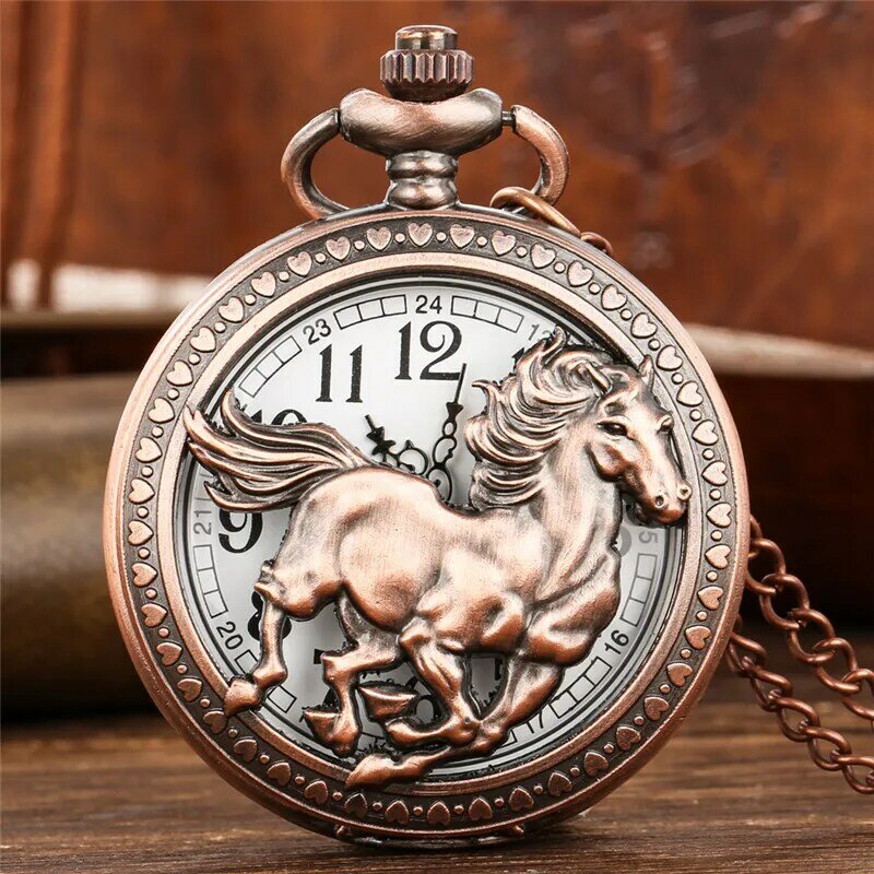 Vintage Style Hollow Animal Horse Design Men Women Quartz Analog Pocket Watch Necklace Pendant Chain Collectable Clock Reloj