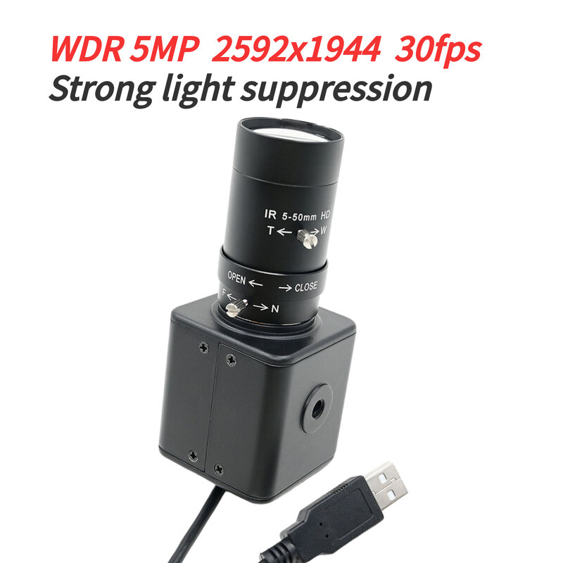 WDR Wide Dynamic 5MP USB กล่องกล้องสำหรับวิดีโอการสอนการประชุม2592x1944 30fps 5-50มม. varifocal CS เลนส์ Plug and Play