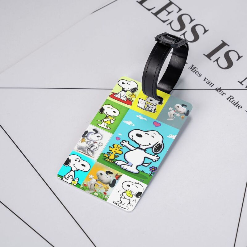 Etiquetas de equipaje de Snoopy de dibujos animados personalizados para maletas, divertidas Etiquetas de equipaje, cubierta de privacidad, tarjeta de identificación con nombre