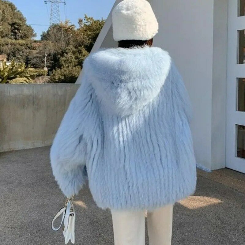 Mantel bulu imitasi untuk wanita, mantel Luaran modis hangat tebal bertudung panjang menengah bulu rubah imitasi dua sisi 2023