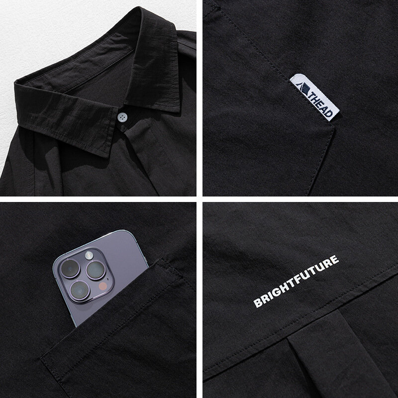 Men's Retro Solid Color Pocket Short Sleeve Spring Summer Loose Work Shirt Coat