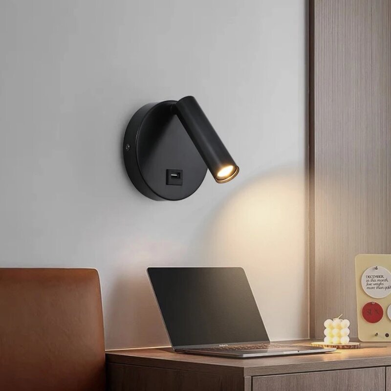 Lampu Dinding LED dengan saklar dan Port USB yang dapat berputar 350 derajat, lampu dinding ruang tamu kamar tidur belajar samping tempat tidur, lampu baca