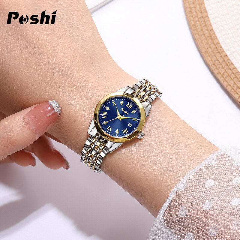 POSHI Stainless Steel Strap Quartz Watch Fashion Casual Women's Watches Crystal Dial Quartz Movement Date Ladies Bracelet Gift