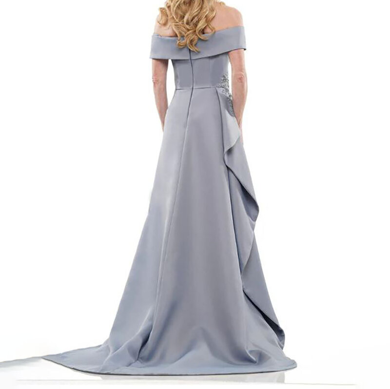 A-Line Satin Off Shoulder Sweetheart Slit Sequined Floor Length Sweep Train Prom Evening Gown Dress