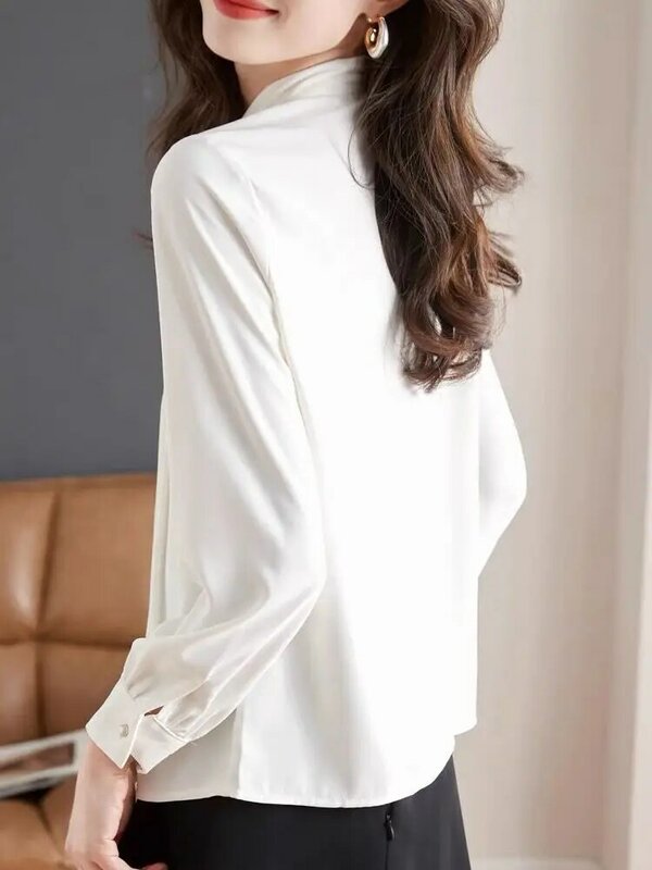 Biała koszula, damska koszula z długim rękawem z kokardą, wiosna 2024 nowy Top szyfonowy, modny