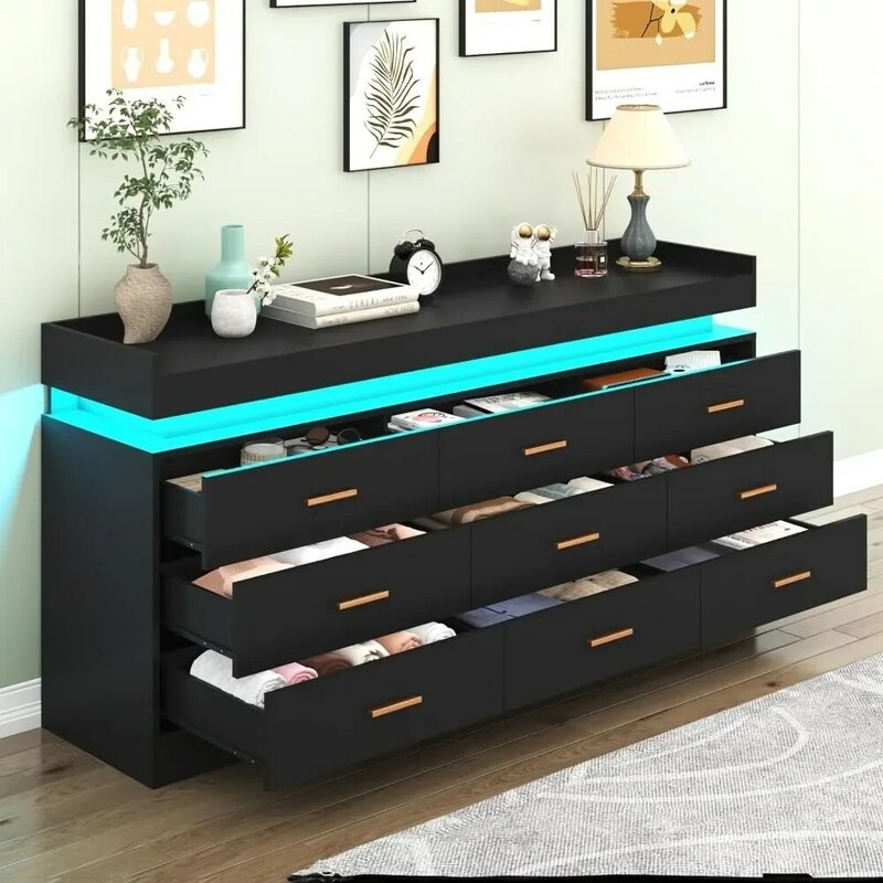 Modern Dresser 9 Drawer with LED Light,Wide Drawer Organizer Cabinet for Bedroom Living Room Chest  for Closet of Wood Drawers
