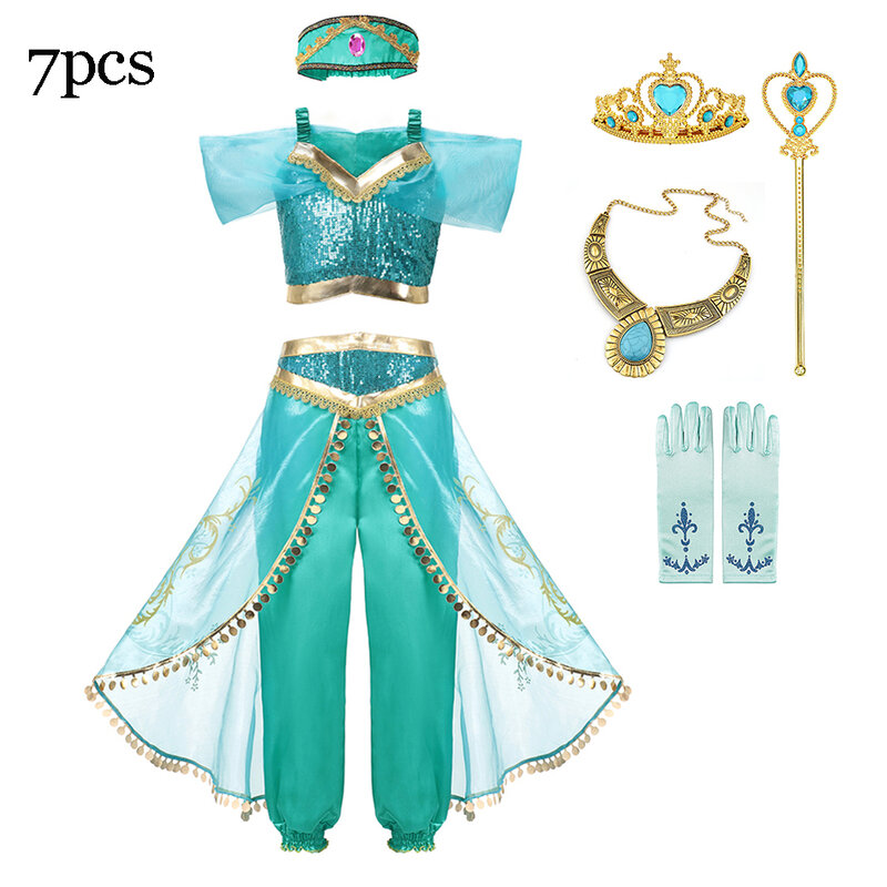 Disney-Costume de princesse Jasmine pour filles, ensemble de pantalons de lampe magique Aladdin, vêtements de carnaval, robe éducative, costume de cosplay de fête d'Halloween