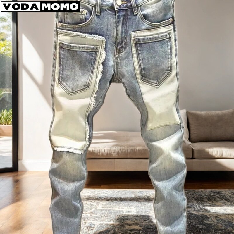2024 men denim jeans straight worn hole jeans Multiple pockets Europe and old pants pantalones hombre y2k streetwear cargo pants