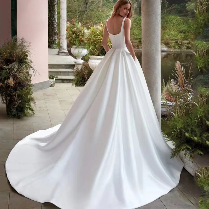 Newest Square-Neck Women Wedding Dresses Satin Surface Sleevelesss Bohemian Custom Made Robes Mopping Length Vestidos De Novias