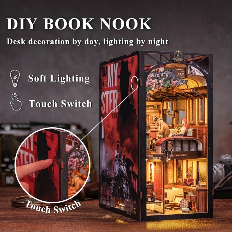 CUTEBEE DIY Book Nook domek dla lalek z oświetleniem LED osłona przeciwpyłowa półka na książki wkładka Model dekoracyjny na prezent urodzinowy wieczna księgarnia