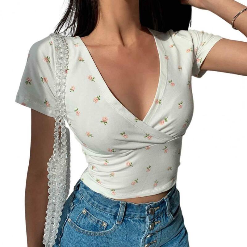 Women Summer Top Vintage-inspired Floral Print V-neck Top for Women Retro Slim Fit Short Sleeve T-shirt with Waist-exposed