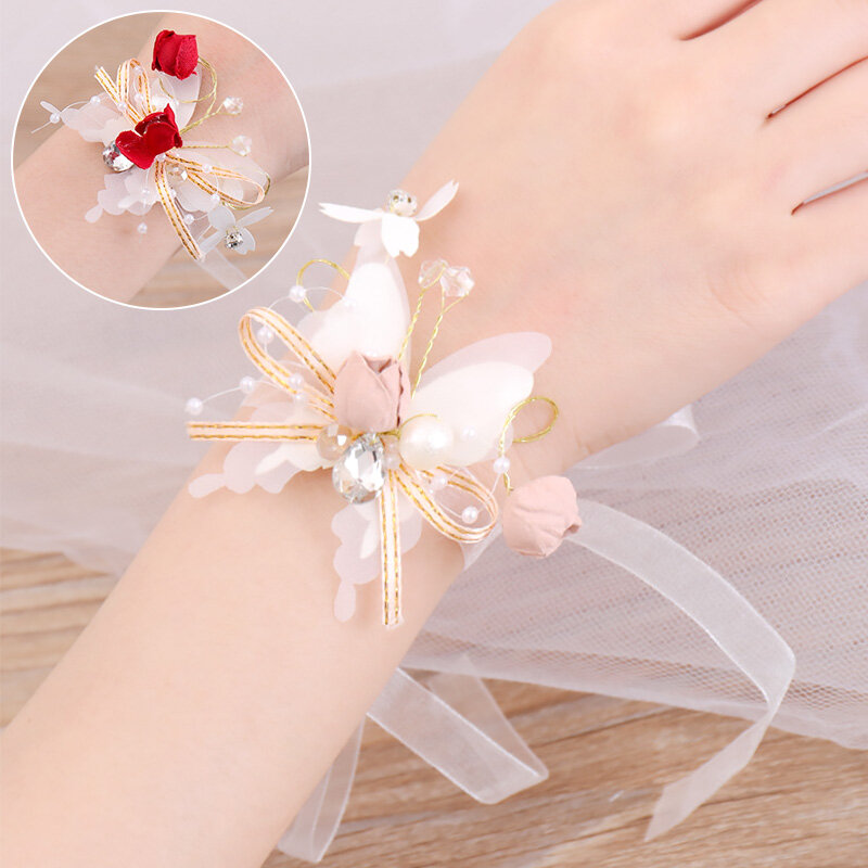 Bridesmaid Wrist Flower for Wedding Pearl Rhinestones Rose Hand Flowers Wrist Corsage Bridal Bracelet Party Jewelry Accessories