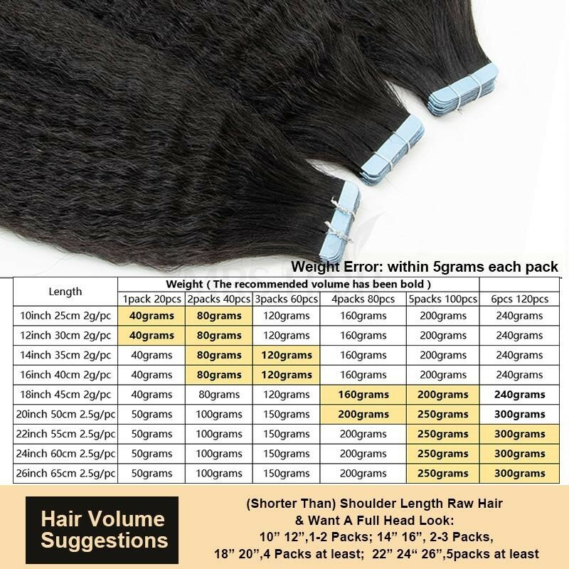 MRS HAIR-Kinky Straight Tape em extensões, cutícula do cabelo humano, extensões de cabelo Remy Yaki, 12-26 pol, 20PCs
