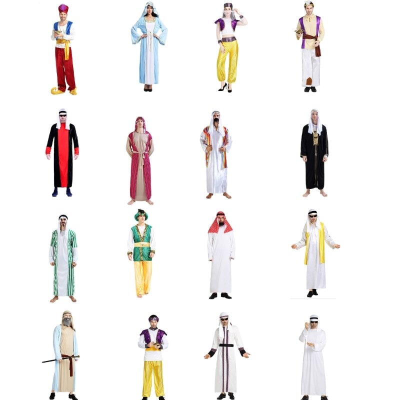 Q0KE ハロウィンアラビア王子/王女の衣装イスラム教徒の帽子ロングローブベールパンツ中東ドバイコスチュームアクセサリー