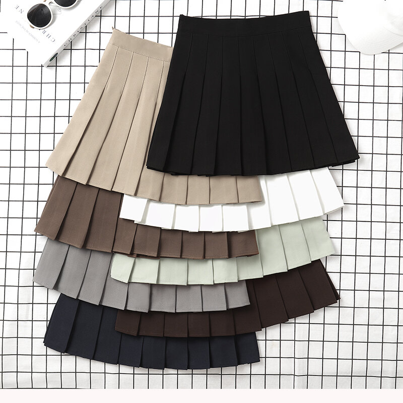 Mini saia plissada estilo coreano de cintura alta feminina, uniforme escolar feminino, marrom, preto, Harajuku, roupas de verão, 2022