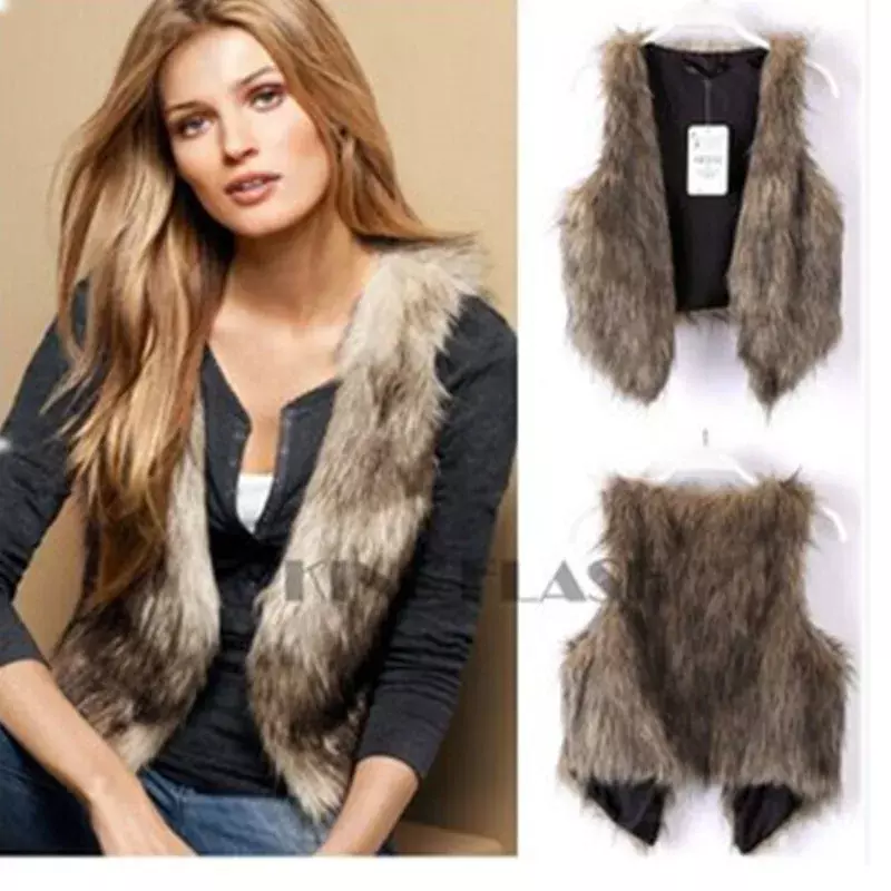 Women Shortie Singlet Vest Faux Sleeveless Cardigan Round Neck Solid Color Outwear Fashion Slim Fur Loose Casual High Street