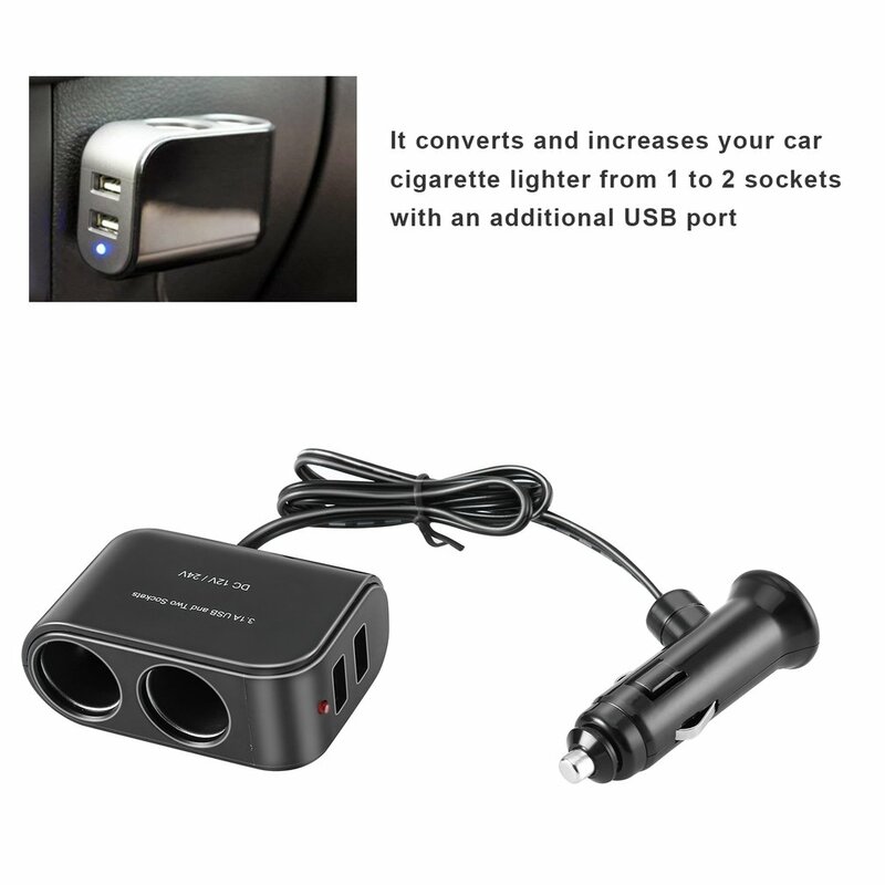 Universal 2 Way Car Cigarette Lighter + สวิทช์ไฟ LED Auto Socket Splitter ชาร์จ USB 12V/24V รถอะแดปเตอร์ไฟแช็ก