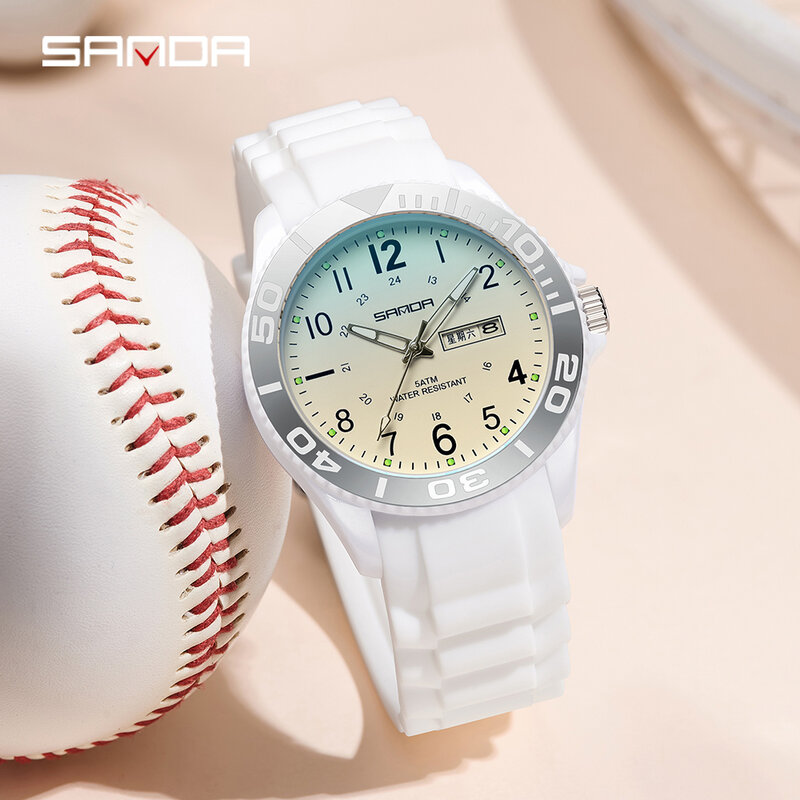 Relógio calendário completo masculino Sanda, pulseiras de silicone preto, relógio analógico, marca de topo, luxo