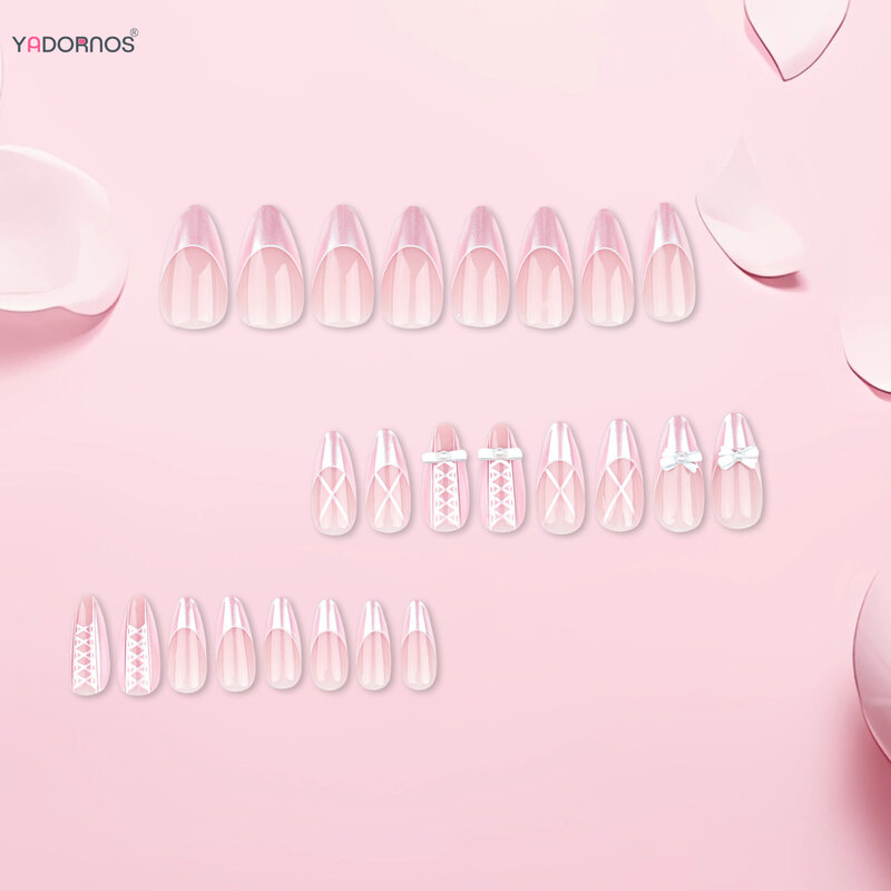 Uñas postizas de estilo francés para mujer y niña, uñas postizas de Ballet rosa, almendra, usable, puntas de lazo, diseñado para manicura DIY