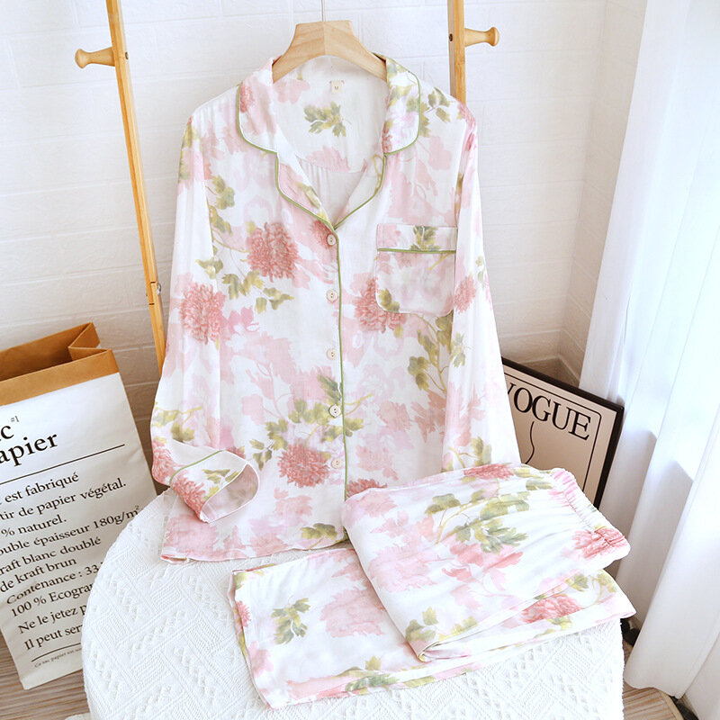 Pijama feminino de fibra de bambu, estampa peônia, manga comprida, lapela, conjunto de 2 peças, solto, confortável, pijama respirável, primavera, verão