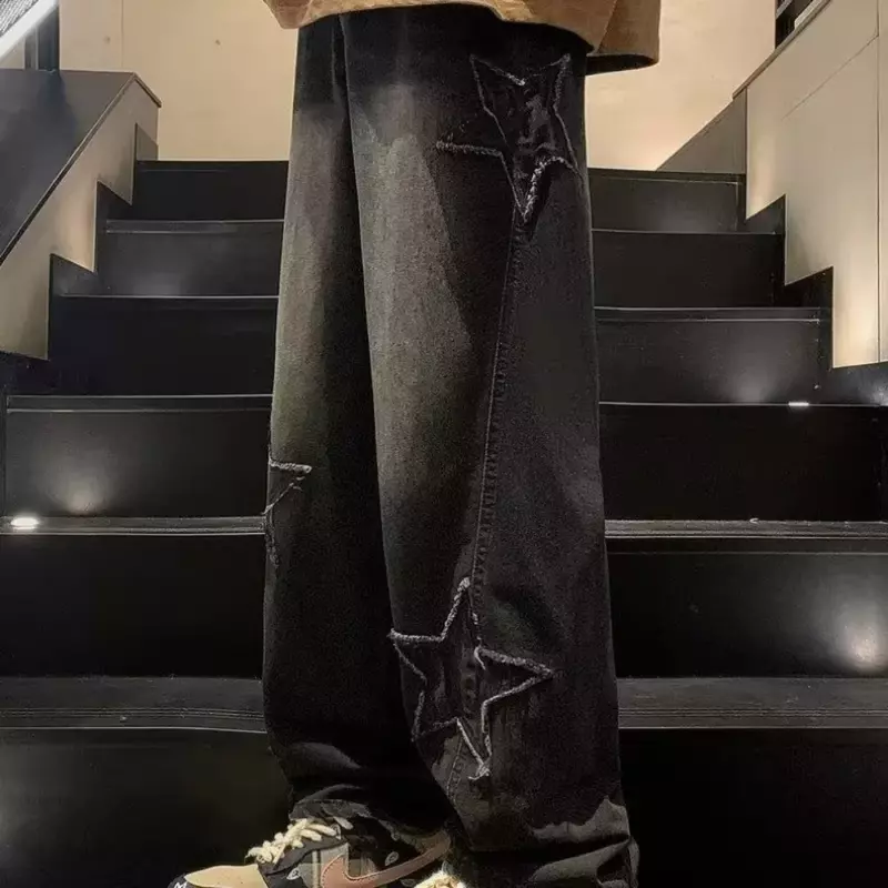 Haft w gwiazdki proste dżinsy męskie na co dzień gotyckie neutralne nowe szerokie nogawki luźna moda hip-hopowa młodzieżowa odzież uliczna spodnie dżinsowe Y2K