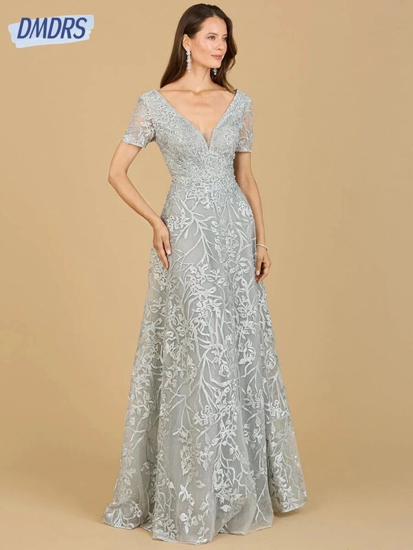 花嫁の母のためのVネックのイブニングドレス,クラシックなAラインドレス,ラージサイズ,アップリケ付き,ブライダルガウン,プラスサイズ,2024