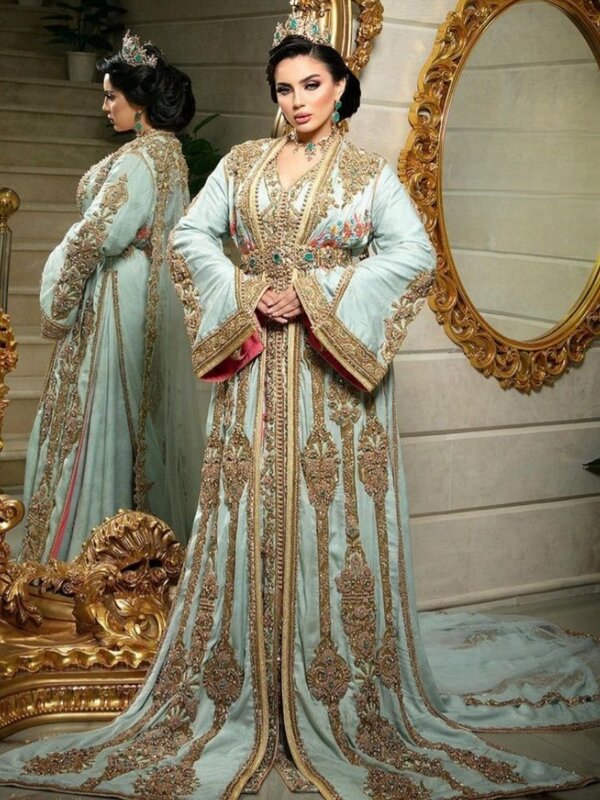 Marokańskie suknie wieczorowe Takshita o linii A luksusowe dekolt w serek z długim rękawem suknia ślubna kaftan zroszony kryształy suknia Robe De Mariée