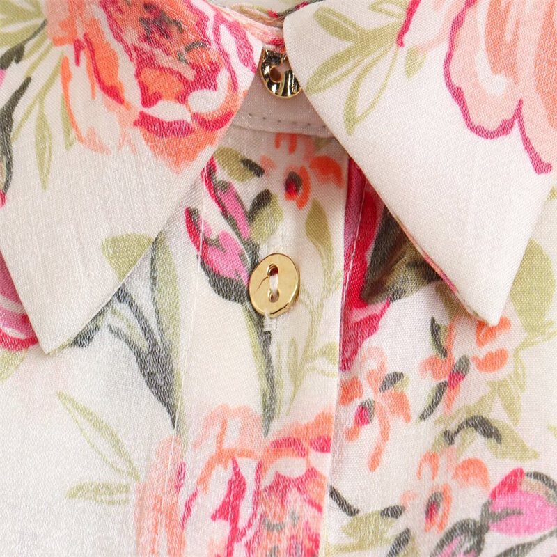 Camisa de seda satinada con estampado Floral para verano, camisa holgada informal de manga larga con solapa, Top corto, 2024