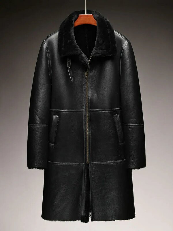 Casaco de pele real ultra longo masculino, casaco natural de pele de ovelha, casaco espesso masculino de inverno, 2023