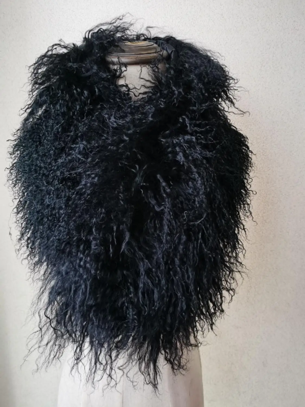 Cachecol de pele de ovelha real mongólia, cachecol feminino quente para inverno, cachecol natural encaracolado preto