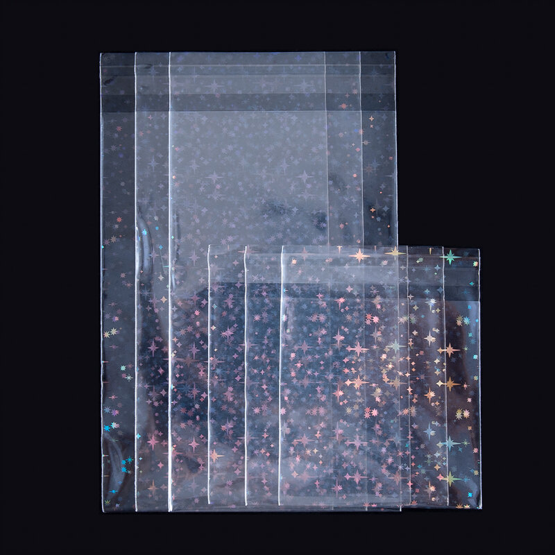 Bolsas autoadhesivas de estrella de Flash transparente, bolsa láser holográfica para joyería DIY, paquete de insignia, muestra de regalo, bolsa de plástico para dulces, 20/50 piezas