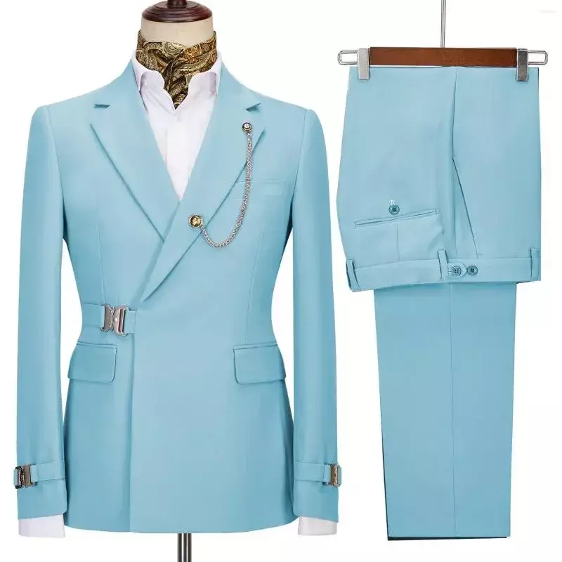 Męskie garnitury marynarskie spodnie na męska kurtka włoski projektant przyjęcie weselne Slim Fit Homme 2 sztuki klapy odzieżowe bez akcesoriów