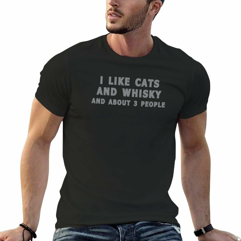 Camiseta gráfica vintage para homens, eu gosto de gatos, uísque e cerca de 3 pessoas, peso pesado, novo