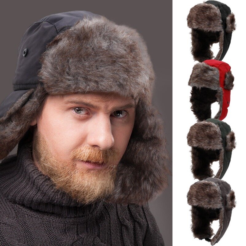 Men's Winter Trapper Aviator Trooper Earflap Plush Warm Windproof Ski Hat Bomber Cap Russian Thicken Ear Protecter Thermal Hats