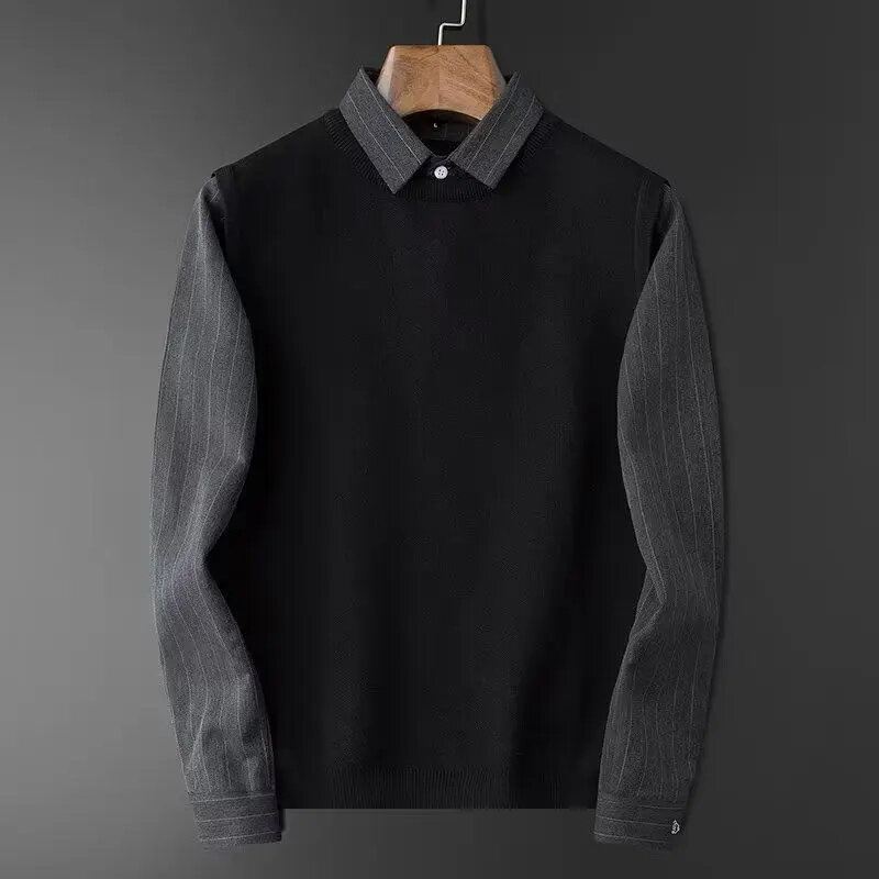 Moda de escritório de negócios, suéteres monocromáticos falsos de duas peças, confortável camisa com gola polo, roupas masculinas, nova, outono e inverno