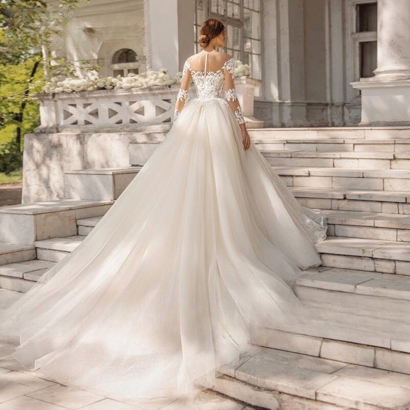 Wedding Dress 2023 Sparkling Beaded Appliques Long Sleeve Lace Princess Detachable Train Dresses Vestidos De Novia