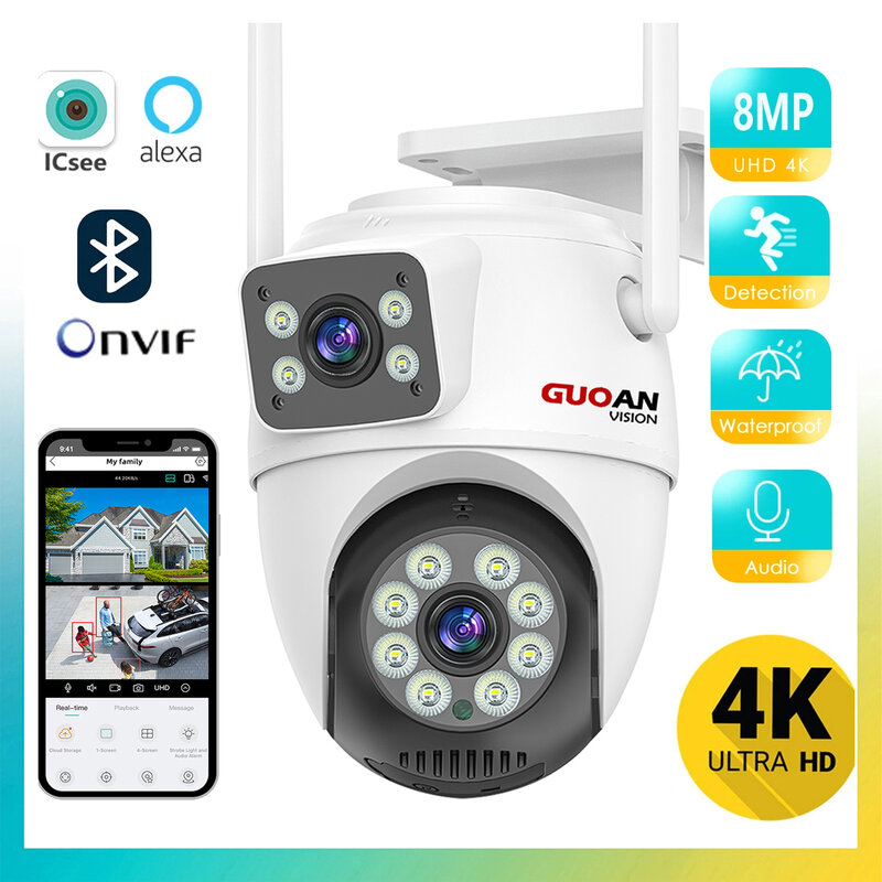 Câmera de vigilância ao ar livre sem fio, lente dupla com tela dupla, AI Human Detect, Auto Tracking, PTZ, WiFi, 4K, 8MP