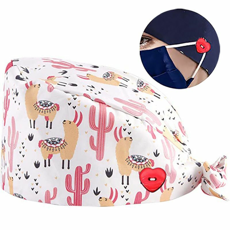 Doctor Nurse Scrub with Heart Button Mask Holder Cartoon Floral Working Adjustable Tie Back Bouffant