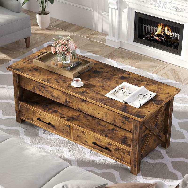 Table basse marron rustique avec 2 tiroirs de rangement et compartiments cachés, comptoir élévateur en bois, salon