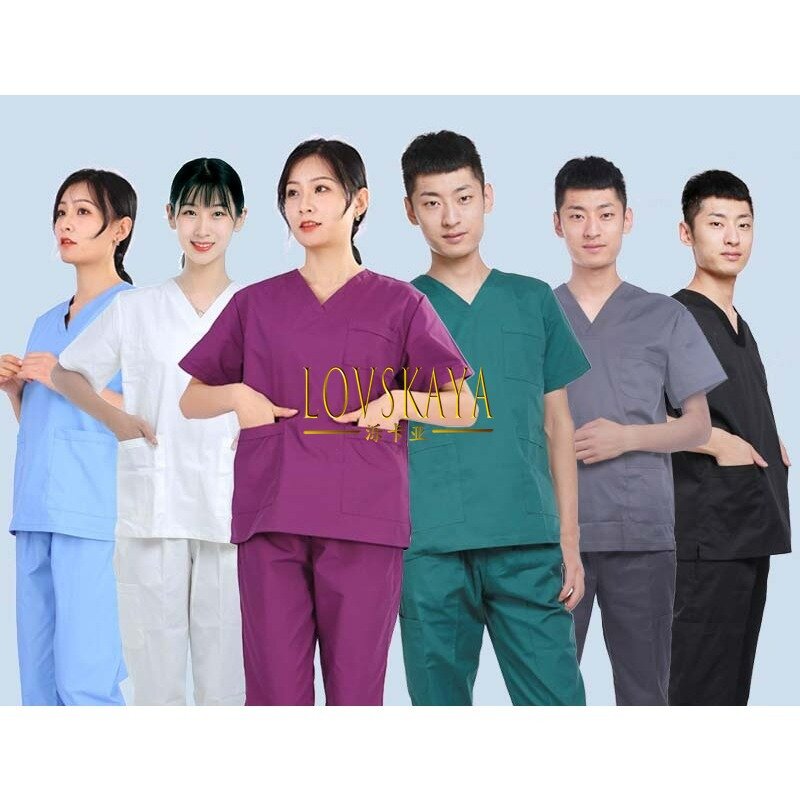 Breathable dark green operating room work clothes hand washing clothes short sleeved split suit polyester cotton surgical gown