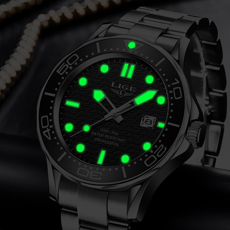 LIGE-Relógio Masculino de Quartzo Esportivo, Relógio de Data Empresarial, Impermeável, Luminoso, Silicone, Relógio de Pulso